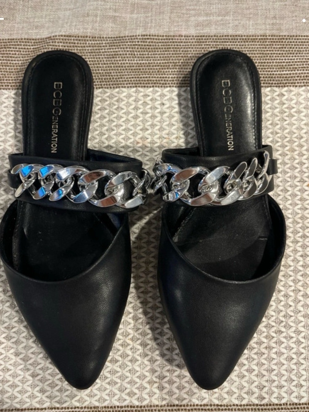 BCBGeneration Black Pointed Mules with Silver Chain